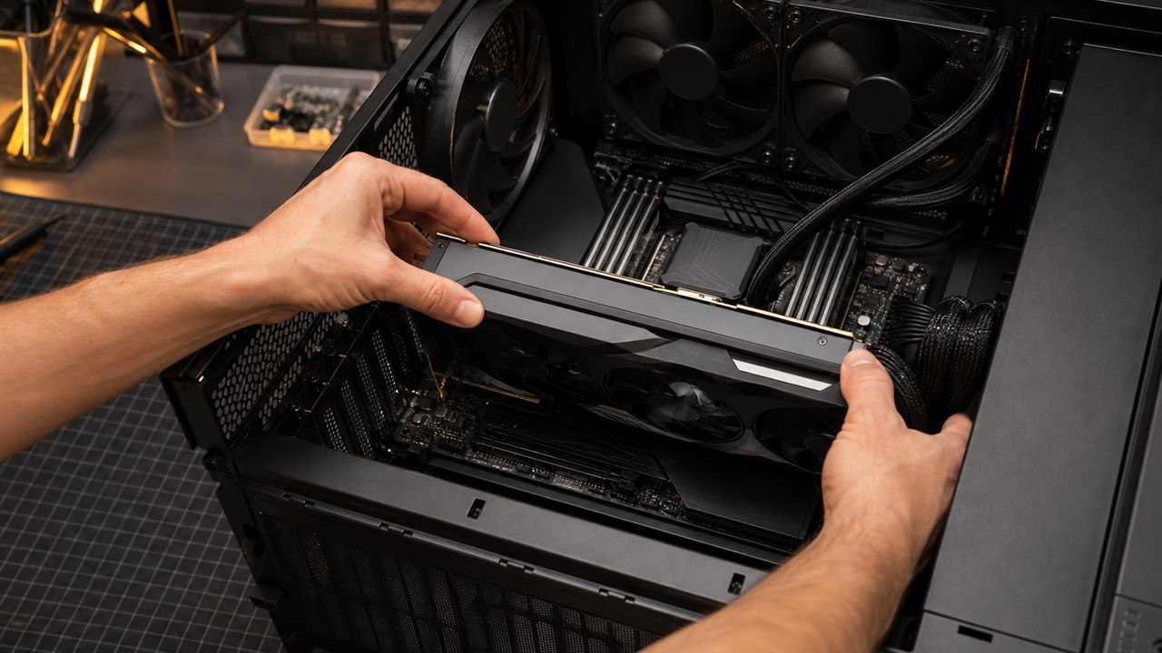 2tech-computer-repair-diagnostics Technician installing a graphics card in a high-end desktop PC