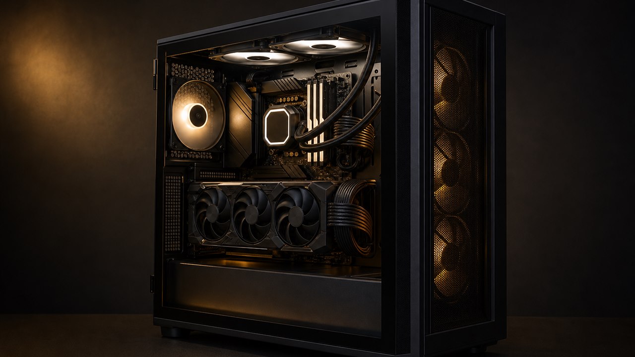 High-end custom desktop PC with amber lighting in a black tempered-glass case