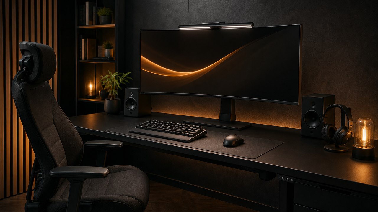 Premium gaming desk with an ultrawide monitor and black-and-yellow lighting