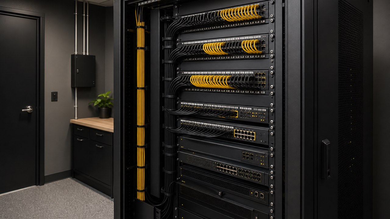 Organized small-office network rack with black-and-yellow cabling