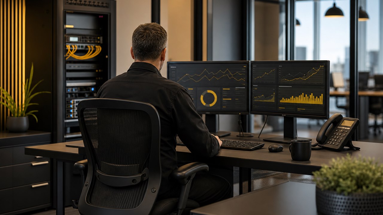 IT technician monitoring small-business systems from a dual-screen workstation