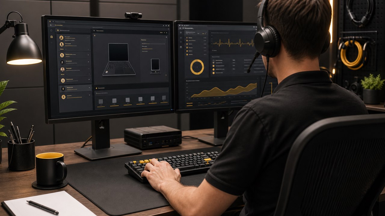 Remote IT technician supporting client computers from a dual-monitor workstation