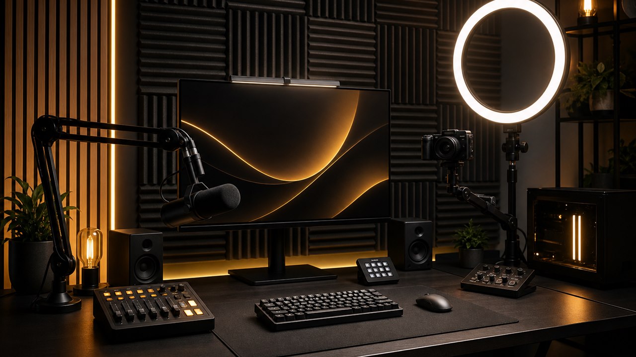 Professional streaming workstation with microphone, camera, ring light and acoustic panels