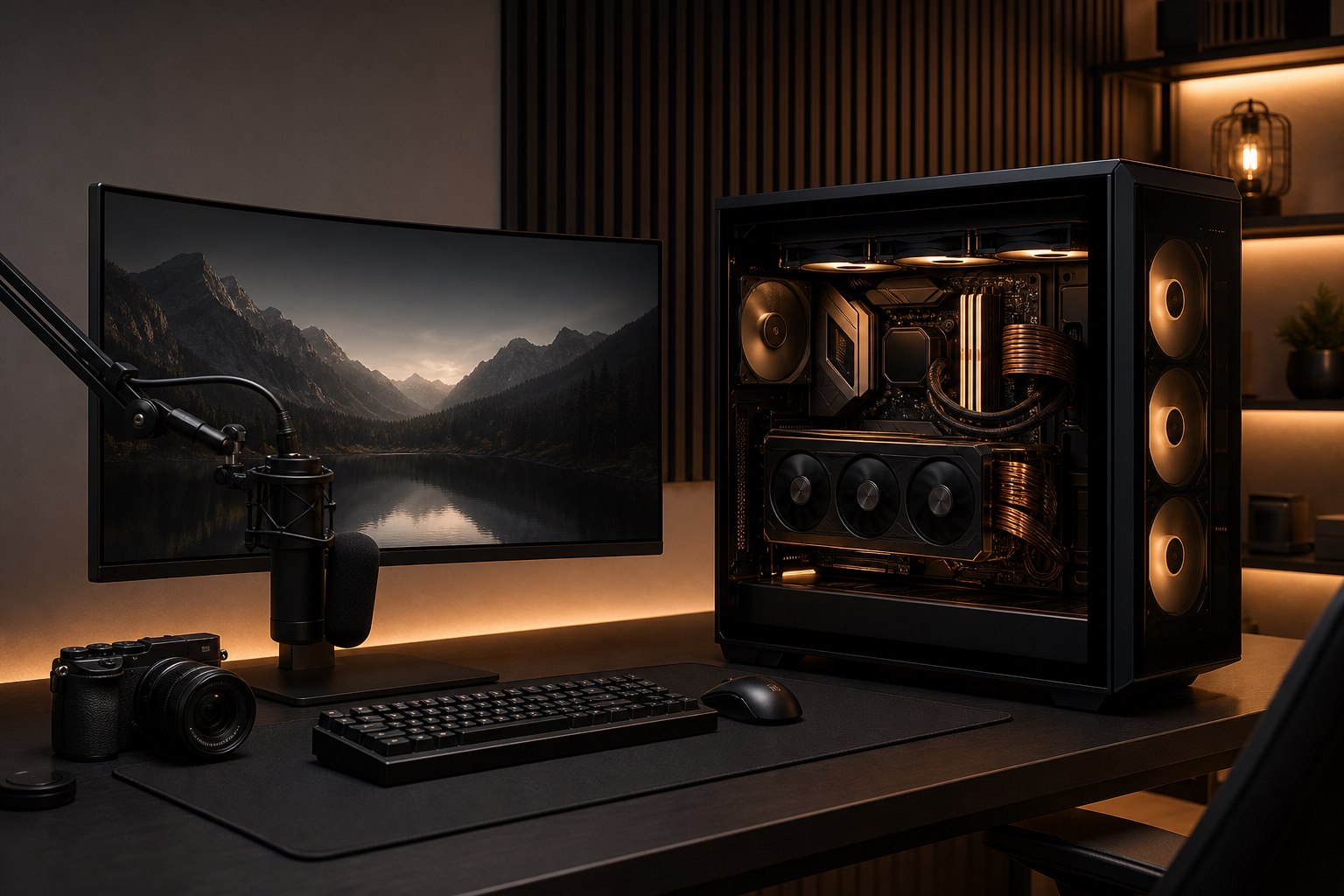 High-end custom gaming and content creator PC with copper lighting and professional studio peripherals